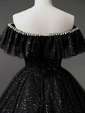 Off Shoulder Tulle Long Prom Dress, Black Formal Evening Dresses HZ1024