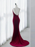 Backless Velvet Burgundy Long Prom Dress with Beads HZ1024