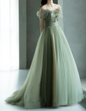 Green Tulle Long Prom Dresses, Green Formal Evening Dresses HZ1024