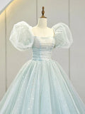 Puff Sleeves Blue Long Prom Dress, Tulle Formal Evening Dress HZ1024