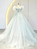 Puff Sleeves Blue Long Prom Dress, Tulle Formal Evening Dress HZ1024