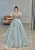 Puff Sleeves Blue Long Prom Dress, Tulle Formal Evening Dress HZ1024