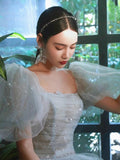 Puff Sleeves Blue Long Prom Dress, Tulle Formal Evening Dress HZ1024