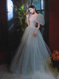 Puff Sleeves Blue Long Prom Dress, Tulle Formal Evening Dress HZ1024