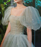 Puff Sleeves Blue Long Prom Dress, Tulle Formal Evening Dress HZ1024