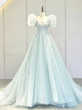 Puff Sleeves Blue Long Prom Dress, Tulle Formal Evening Dress HZ1024