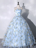 Tulle 3 D Applique Long Prom Dress, Blue Formal Evening Dress HZ1024
