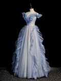 Off Shoulder Tulle Sequin Beading Long Prom Dress, Blue Formal Dress HZ1024