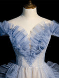 Off Shoulder Tulle Sequin Beading Long Prom Dress, Blue Formal Dress HZ1024