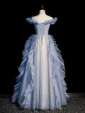Off Shoulder Tulle Sequin Beading Long Prom Dress, Blue Formal Dress HZ1024