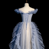 Off Shoulder Tulle Sequin Beading Long Prom Dress, Blue Formal Dress HZ1024