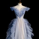 Off Shoulder Tulle Sequin Beading Long Prom Dress, Blue Formal Dress HZ1024