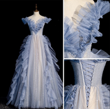Off Shoulder Tulle Sequin Beading Long Prom Dress, Blue Formal Dress HZ1024