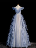 Off Shoulder Tulle Sequin Beading Long Prom Dress, Blue Formal Dress HZ1024