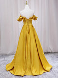 Off Shoulder Satin Yellow Long Prom Dress, Yellow Formal Dress HZ1024