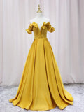 Off Shoulder Satin Yellow Long Prom Dress, Yellow Formal Dress HZ1024