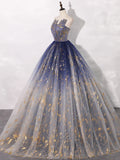 Tulle Blue Long Prom Dress, Blue Tulle Long Evening Dresses HZ1024