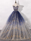 Tulle Blue Long Prom Dress, Blue Tulle Long Evening Dresses HZ1024