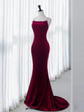 Backless Velvet Burgundy Long Prom Dress with Beads HZ1024