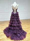 Backless Tulle Purple Long Prom Dress, Tulle Long Formal Dress HZ1024