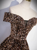 Off Shoulder Coffee Gold Sequin Long Prom Dress, Coffee Gold Formal Dress HZ1024
