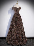 Off Shoulder Coffee Gold Sequin Long Prom Dress, Coffee Gold Formal Dress HZ1024