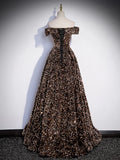 Off Shoulder Coffee Gold Sequin Long Prom Dress, Coffee Gold Formal Dress HZ1024