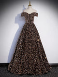 Off Shoulder Coffee Gold Sequin Long Prom Dress, Coffee Gold Formal Dress HZ1024
