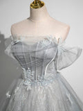 A-Line Tulle Long Prom Dress, Gray Tulle Formal Evening Dress HZ1024