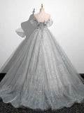 A-Line Tulle Long Prom Dress, Gray Tulle Formal Evening Dress HZ1024