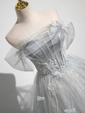A-Line Tulle Long Prom Dress, Gray Tulle Formal Evening Dress HZ1024