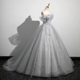 A-Line Tulle Long Prom Dress, Gray Tulle Formal Evening Dress HZ1024