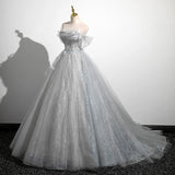 A-Line Tulle Long Prom Dress, Gray Tulle Formal Evening Dress HZ1024