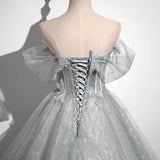 A-Line Tulle Long Prom Dress, Gray Tulle Formal Evening Dress HZ1024