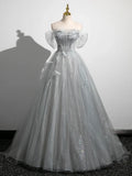 A-Line Tulle Long Prom Dress, Gray Tulle Formal Evening Dress HZ1024