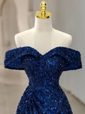 Off Shoulder Sequin Blue Long prom Dress, Blue Sequin Long Evening Dress HZ1024
