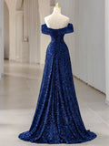 Off Shoulder Sequin Blue Long prom Dress, Blue Sequin Long Evening Dress HZ1024