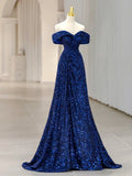 Off Shoulder Sequin Blue Long prom Dress, Blue Sequin Long Evening Dress HZ1024