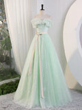 Off Shoulder Tulle Green Long Prom Dress, Green Lace Long Sweet 16 Dress HZ1024