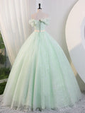 Off Shoulder Tulle Green Long Prom Dress, Green Lace Long Sweet 16 Dress HZ1024