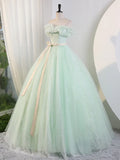 Off Shoulder Tulle Green Long Prom Dress, Green Lace Long Sweet 16 Dress HZ1024