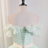 Off Shoulder Tulle Green Long Prom Dress, Green Lace Long Sweet 16 Dress HZ1024