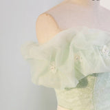 Off Shoulder Tulle Green Long Prom Dress, Green Lace Long Sweet 16 Dress HZ1024