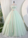 Off Shoulder Tulle Green Long Prom Dress, Green Lace Long Sweet 16 Dress HZ1024