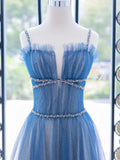 Blue Tulle Long Prom Dress, Blue Tulle Formal Dresses HZ1024