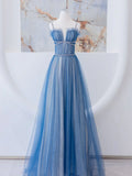 Blue Tulle Long Prom Dress, Blue Tulle Formal Dresses HZ1024