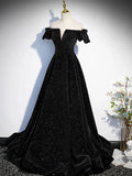 Off Shoulder Velvet Black Long Prom Dress, Black Formal Dress HZ1024
