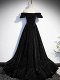 Off Shoulder Velvet Black Long Prom Dress, Black Formal Dress HZ1024