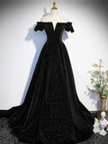 Off Shoulder Velvet Black Long Prom Dress, Black Formal Dress HZ1024