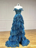 Sweetheart Neck Tulle Sequin Lace Blue Long Prom Dress HZ1024
